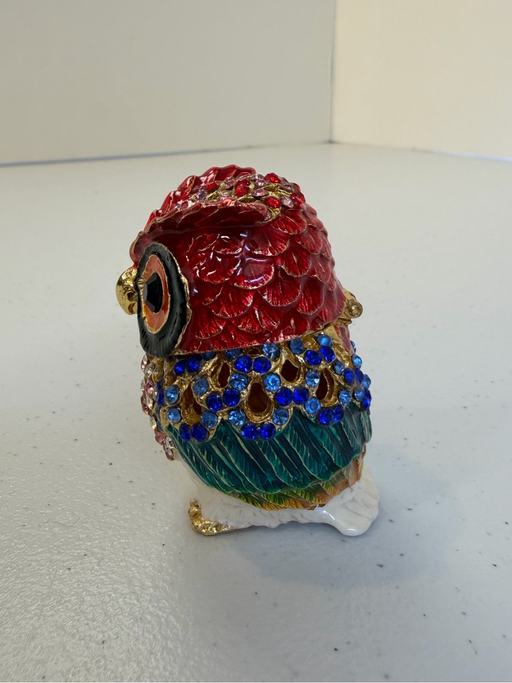 Cloisonné Owl Trinket Box Hinged Jewelry Ring Holder Rhinestone Necklace Red - Picture 7 of 8